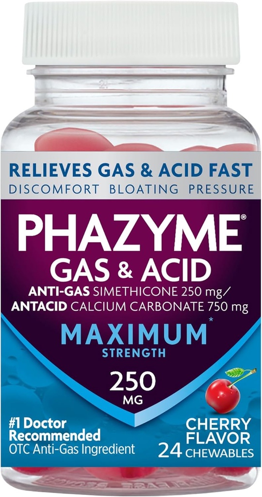 Phazyme Maximum Strength Gas ' Acid Relief, Works Fast, Cherry Flavor, 24 Chews (Packaging May Vary)