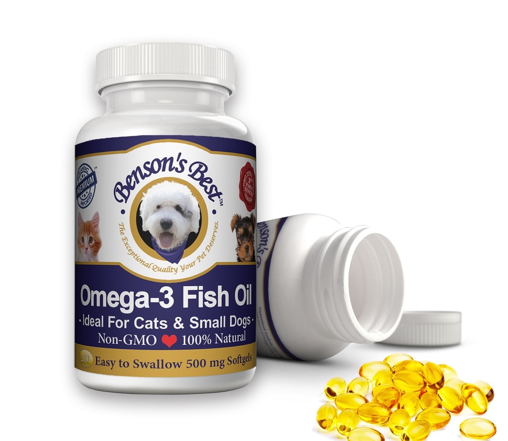 El mejor aceite de pescado Omega 3 de Benson para gatos " perros pequeños - 200 Softgels 500mg - 43% más Omega 3 ácidos grasos que el aceite de salmón - 100% puro, no GMO, Natural Pet Food Dog Fish Suplementos de aceite