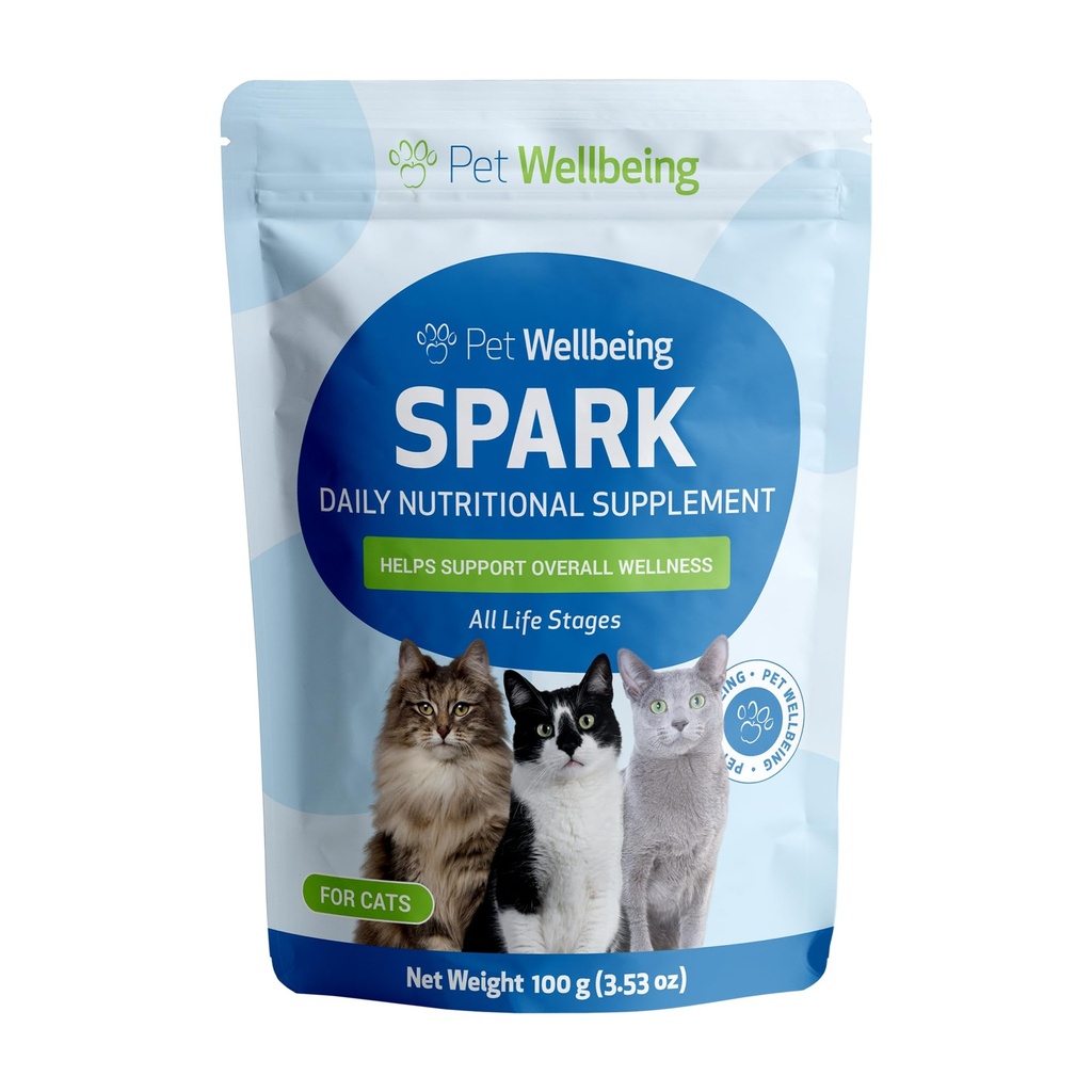 Pet Wellbeing Spark Daily Nutritional Greens Superfood for Cats - Probiotics, Prebiotics, Digestive Enzymes, Amino Acids, Antioxidantes, Vitamina D, Spirulina - Veterinaria-Formulated 3.53 oz (100 g)