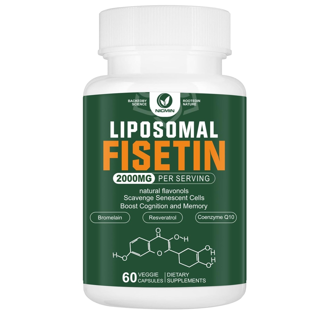 Suplemento de Fisetina Liposomal, 2000MG, 98% Antioxidantes Pure Fisetin Polyphenols, con Quercetin, TMG y Resveratrol, para el envejecimiento saludable, soporte cognitivo, 60 cápsulas
