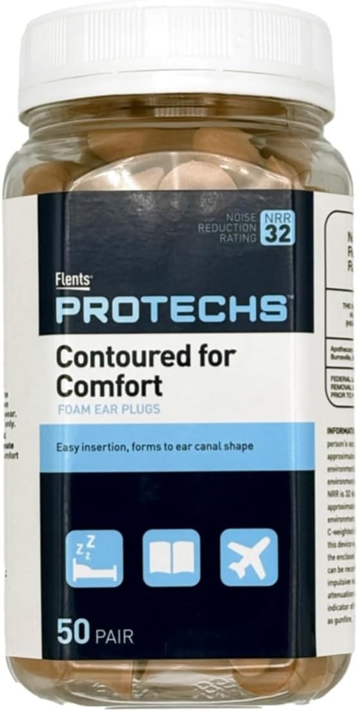Flents Protechs Disposable Foam Ear Plugs, Contoured for Comfort, Ideal para el trabajo, Loud Noise, Heavy Machinery, Construction, Studying, Shooting &amp; Traveling, NRR 32, Beige, Easy to Use, 50 Pair