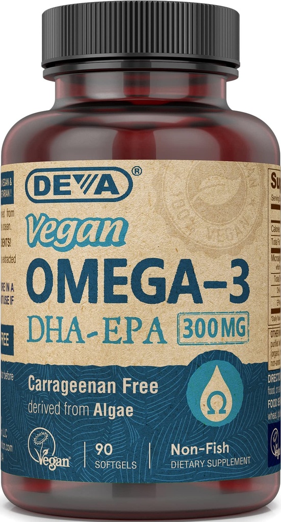 DEVA Vegan Omega-3 DHA-EPA 300MG – No Carrageenan, Aceite no Fish derivado de Algae, No GMO, 90 Softgeles sin gelatina