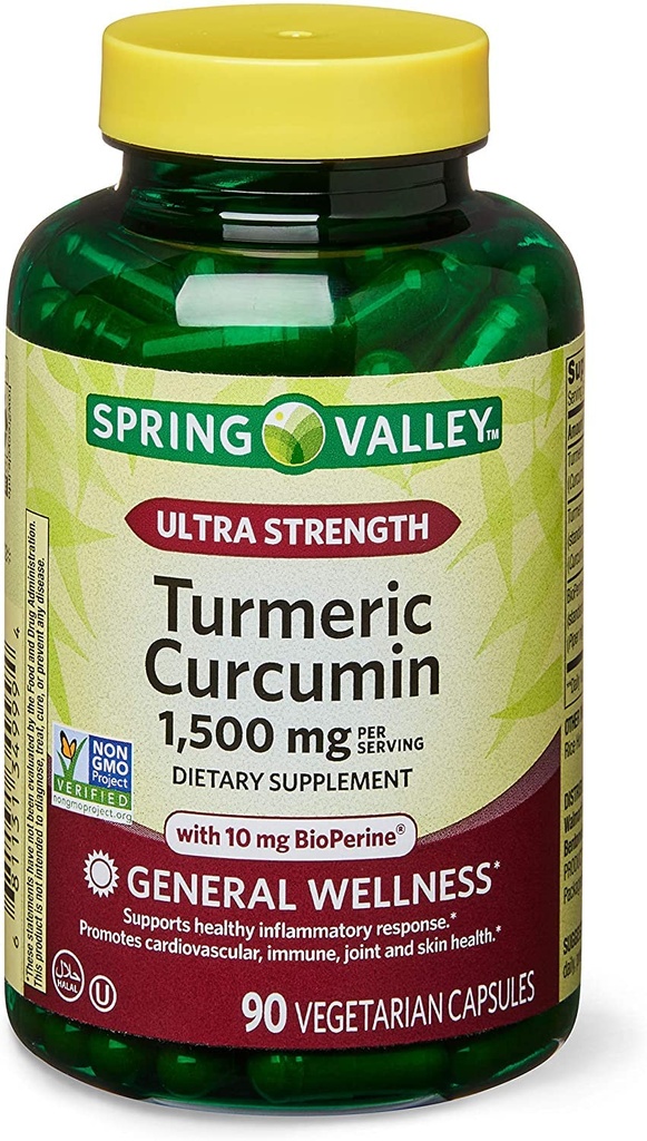 Spring Health 2 Set- Spring Valley Ultra-Strength Turmeric Curcumin 1,500mg 90 cápsulas + su guía de vitaminas, 1.0 cuenta