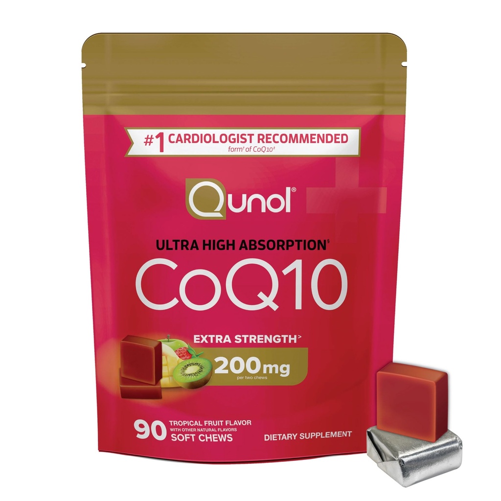 Qunol CoQ10 200mg Soft Chews, Extra Strength & Ultra High Absorption Coenzyme Q10 Suplemento, #1 Cardiólogo Suplemento recomendado para la salud del corazón, 90 Cuenta