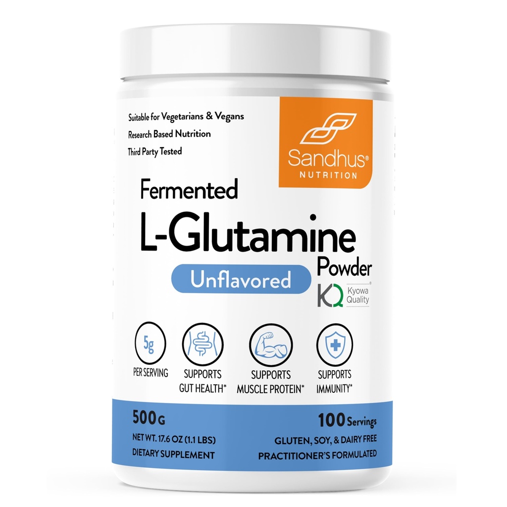 Sandhu's L-Glutamine Powder tención 100 Servings, 500 Gram, 17.6 Oz., Tamaño grande, 3 Meses Supplyfort Made in USA ← Non-GMO, Amino Acid Supplement for Muscle Support and Gut Health