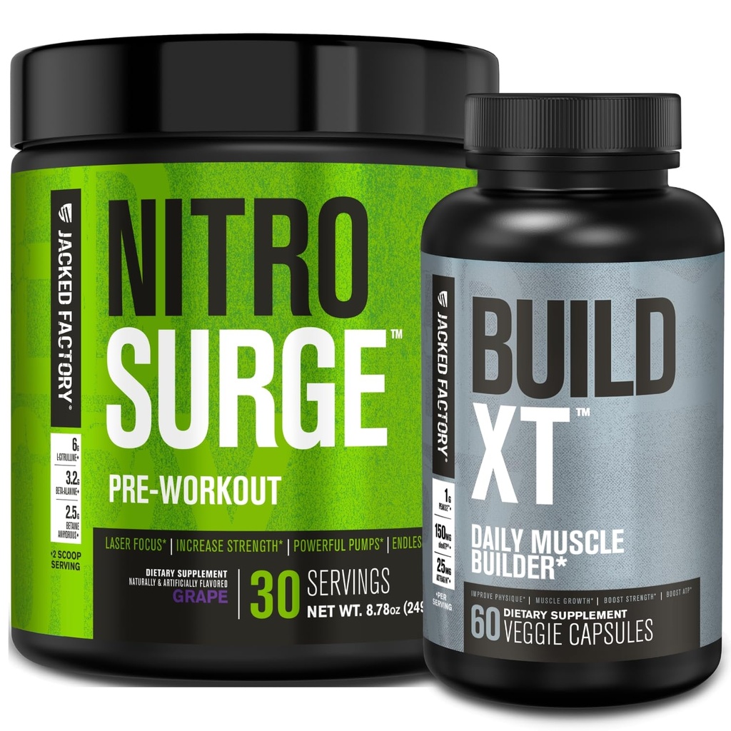 Jacked Factory Nitrosurge Pre-Workout en Grape & Build XT Muscle Building Bundle for Men &amp; Women