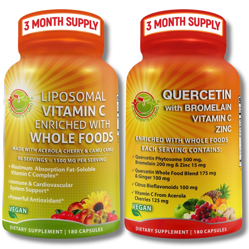 Quercetina con Bromelaina, Vitamina C &amp; Zinc + Liposomal Vitamina C 1500mg – Immune Support Bundle with Organic Acerola Cherry, Camu Camu & Citrus Bioflavanoids – Vegan, Non-GMO, Clean Wellness Support