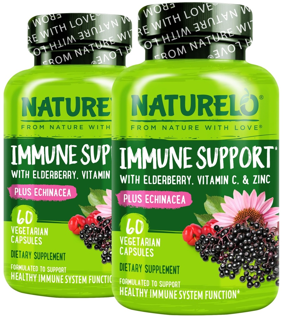 NATURELO Immune Support Vitamina C, Elderberry, Zinc, Echinacea Natural Immunity Boost w / Antioxidante, Herbal &amp; Mineral Defense - 60 Vegan Capsules (Pack of 2)