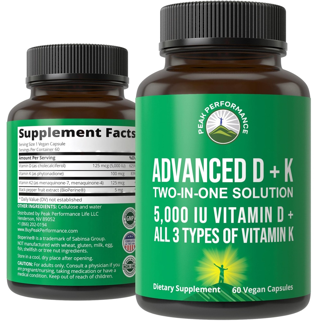 Rendimiento del pico Vitamina D 5000 UI con todos los 3 tipos de vitamina K Vitamina D3 y vitamina K2, K1, MK-7 (MK7), MK4 Suplemento - 60 pequeñas y fáciles de absorber píldoras vegetales