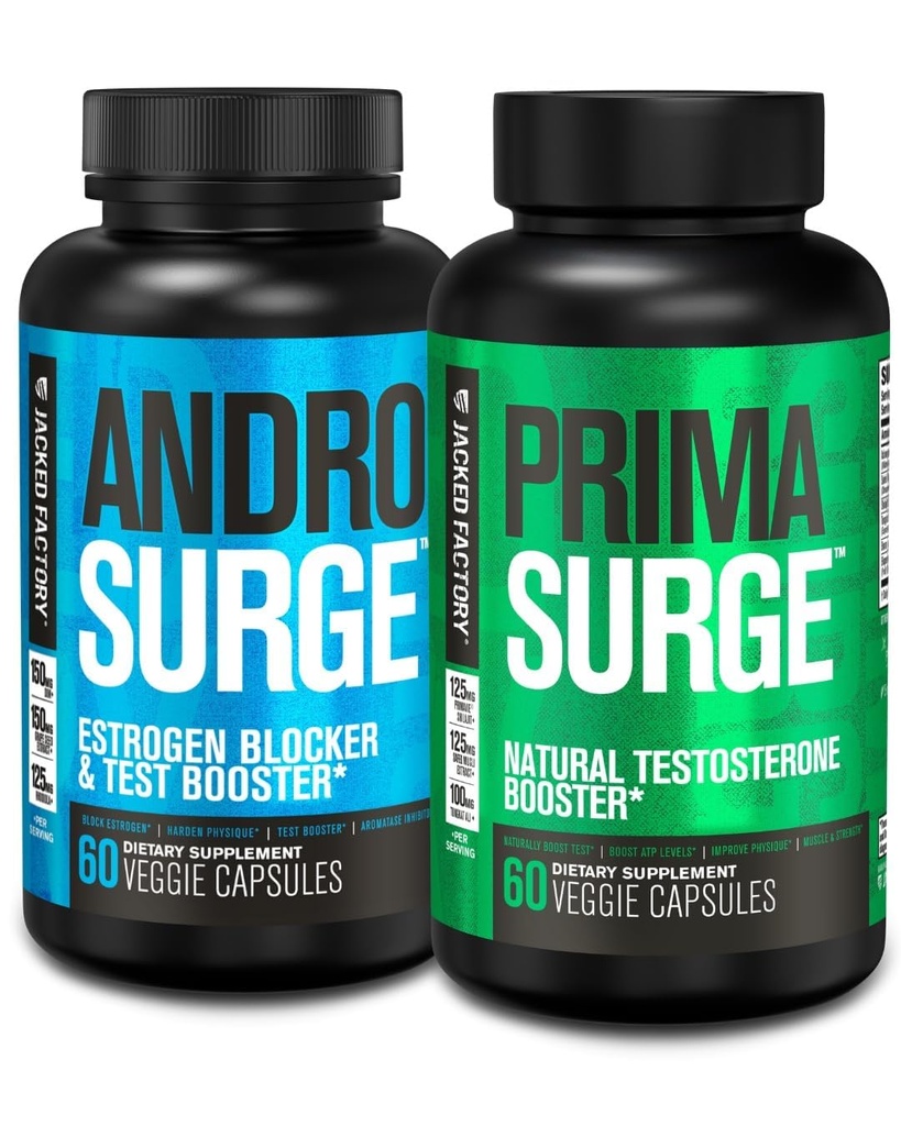 Booster de testosterona de la fábrica de Jacked para hombres Silencio Estrogen Blocker con Tongkat Ali - Androsurge Anti-Estrógeno + Primasurge Natural Test Booster - para el crecimiento muscular, vitalidad, energía, 30 días de suministro