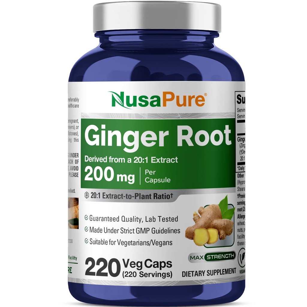 NusaPure Ginger Root Capsules 20:1 Extracto, 200 mg Equivalente a 4.000 mg por Veggie Caps Silencioso 220 Conteo Silencioso No GMO