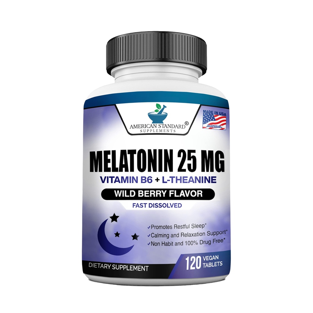 Melatonina 25mg Por Una Tablet, 120 Chewable Tablet with L-Theanine & Vitamin B-6, Supports Healthy Sleep Cycle , Promotes Calming " Restful Sleep, Vegan, NON GMO, Made In USA