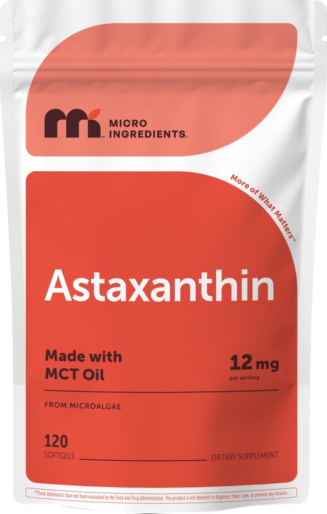Micro Ingredientes Astaxanthin 12mg con MCT Oil, 120 Softgels, 4 Month Supply ← Premium Astaxanthin Antioxidant Supplements* ← Fresh Microalgae Source  Triple Strength, Non-GMO, Gluten Free, No Soy