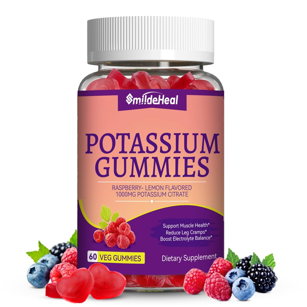 Gummies de Potasio,Suplemento de Potasio Chewable 1000mg para Adultos, Respaldo Leg Cramps &amp; Muscle Health for Women &amp; Men - Sugar-Free,Vegan,60 Conde