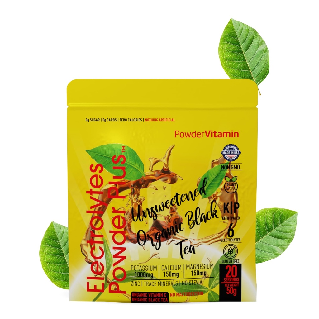PowderVitamin Electrolytes Powder Plus (20 Servings) Unsweetened Black Tea Electrolyte Powder Keto,SugarFree, Pink Himalayan Salt,1000mgPotasio,150mgCalcium,150mgMagnesium,Hydration Powder NO STEVIA