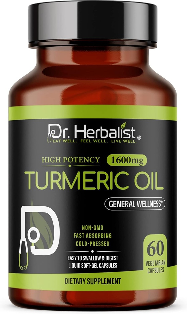 Dr. HERBALIST Turmeric Curcumin Oil Capsules 1600mg - 60 Capsules Silencio Non-GMO Silencio Ayuno Absorbing Silencio Vegetarian ← Cold-Pressed TEN High Potency I AKA Haldi Capsules (1 Pack: 60 cápsulas)