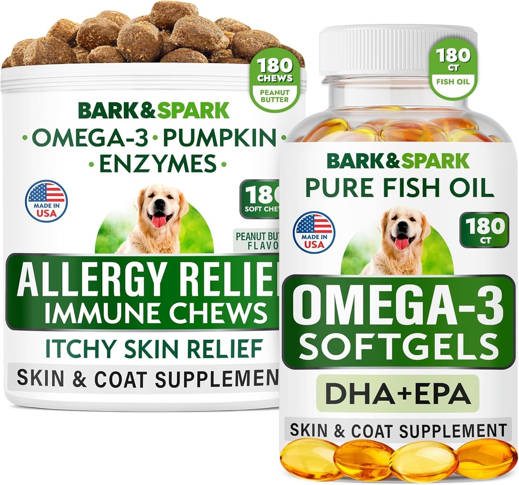 Alivio de Alergia + Omega 3 Bundle - Anti-Itch Skin limitadaCoat Suplemento + Alergia de la piel - Omega 3 Fish Oil + EPA paciente DHA Fatty Acids - Itching ventaja de Paw + salud conjunta - 180 Chews + 180 Softgels - Made in USA