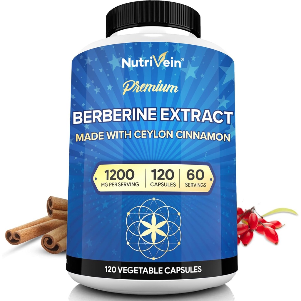 Nutrivein Premium Berberine HCL 1200 mg con Ceylon Cinnamon - 120 cápsulas: suplemento bereberina de alta absorción para defensas, digestión, " Metabolismo