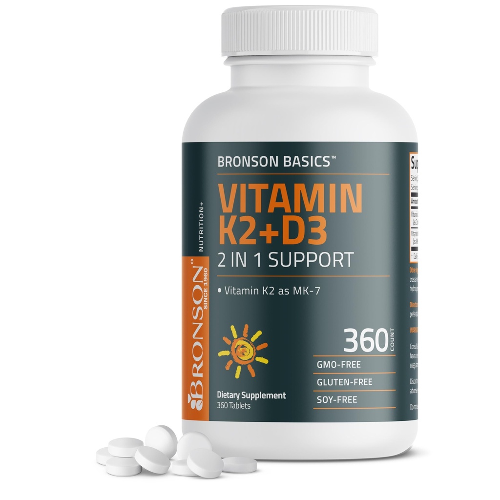 Bronson Vitamina K2 D3 (MK7) Suplemento No GMO Fórmula Vitamina D3 5000IU (125 mcg) & 90 mcg K2 MK-7, Complejo D & K Easy to Swallow, 360 Tablets