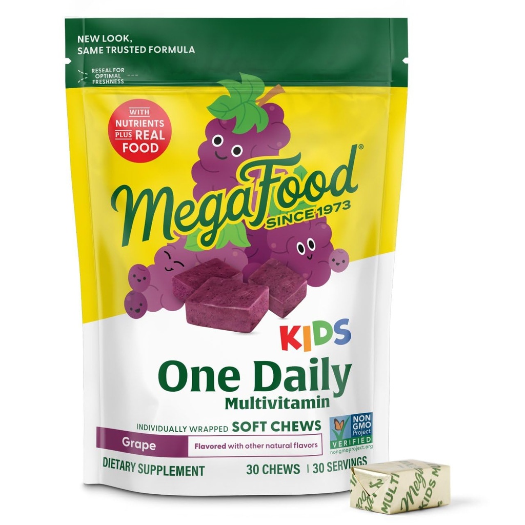 MegaFood Kids One Daily Multivitamin Soft Chews - Vitaminas para Niños con Vitamina B, Vitamina C, Vitamina D &amp; Vitamina E - Edad 4+, Vegetariano, Hecho sin 9 Alérgenos Alimentarios - Grape Flavor - 30 Chews