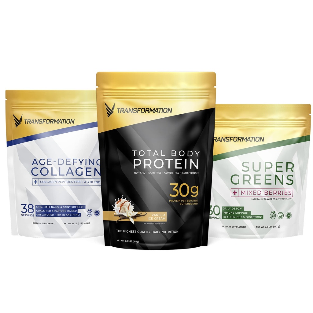 Transformación Vainilla Protein Powder ← 30G Multiproteína Superblend + Péptidos Hidrolyzed Grass Péptidos Pewder- Hair, Skin, Nails + Ecológico Super Greens Superfood Powder- Immune & Energy Support