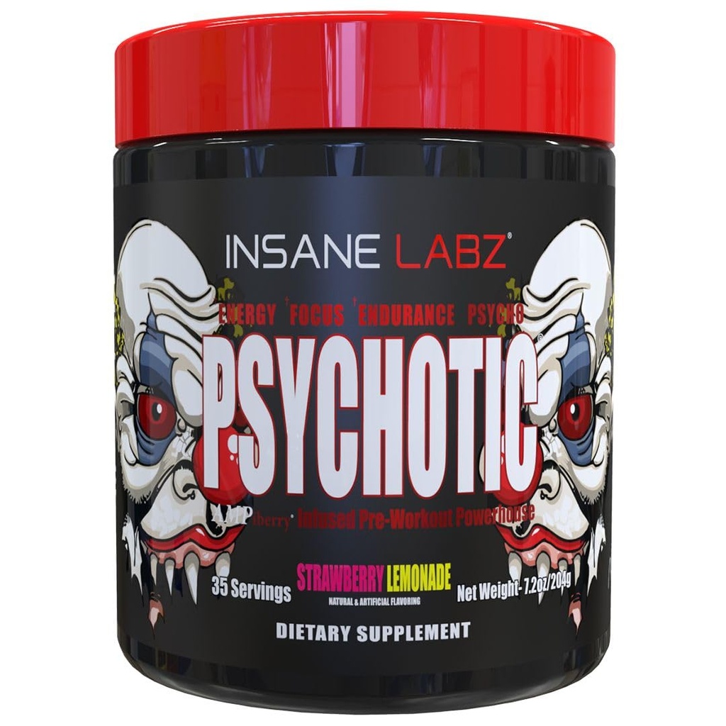 Insane Labz Psicotic, High Stimulant Pre Workout Powder, Extreme Lasting Energy, Focus and Endurance with Beta Alanine, Creatine Monohydrate, DMAE, 35 Srvgs (Strawberry Lemonade)