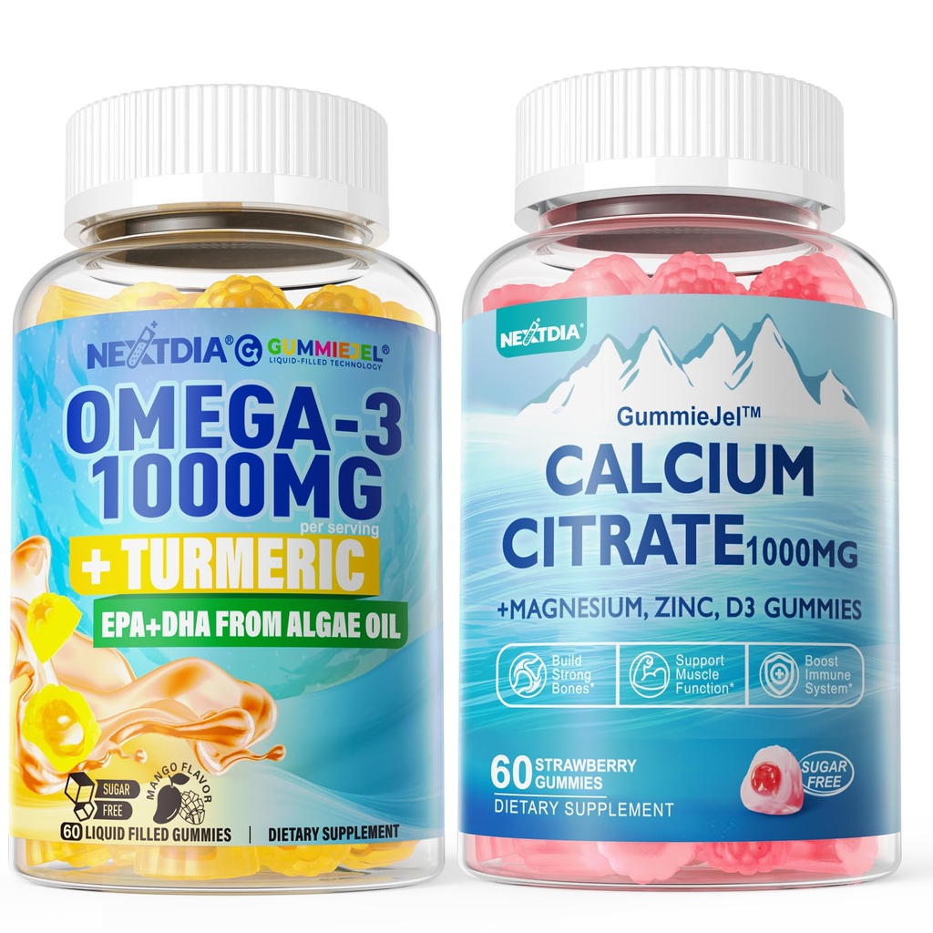 1Pack Sugar Citrato de Calcio Libre, Citrato de Magnesio &amp; 1Pack Vegan Omega-3 Gummies 1000mg + Turmeric
