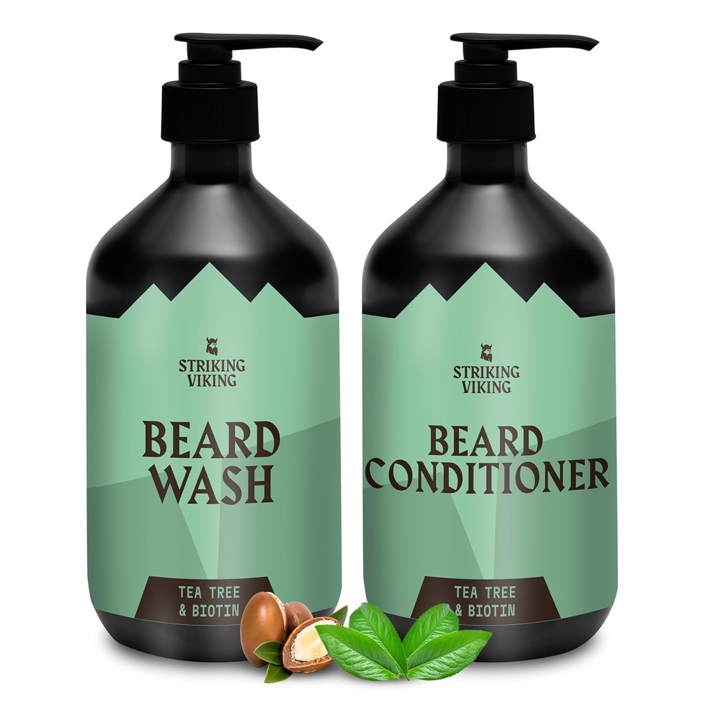 Lavado de barba vikingo y acondicionador (Arbol de té y biotina) - Paraben &amp; Sulfate Servicio de limpieza gratuito para todos los tipos de barba (10oz por botella)