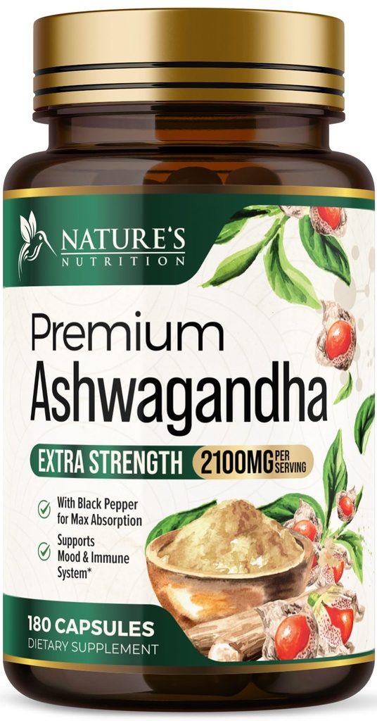 Suplementos de Ashwagandha - 2100mg Cápsula de Ashwagandha para Hombres de Mujeres, Apoyo Antioxidante Natural, Extracto de Ashwa Root, Apoyo a la calma de fuerza extra con Pepper Negro, Vegan &amp; Gluten Gratis - 180 Cápsulas