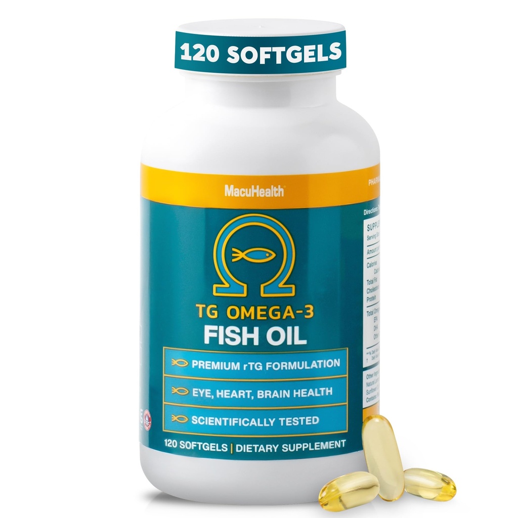 Macuhealth Omega 3 Fish Oil - 1100mg DHA, 1100mg EPA, Eye &amp; Brain Health Supplement, Triglyceride Formula, 120 Softgels
