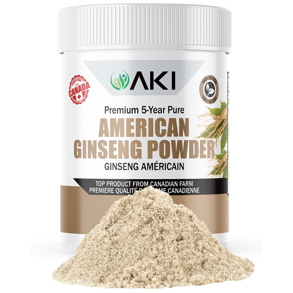 AKI American Ginseng Powder con 4% Ginsenosides - Ideal con café, Bebidas Como Smoothies - Pack de 1 (1.5oz/42.5g)
