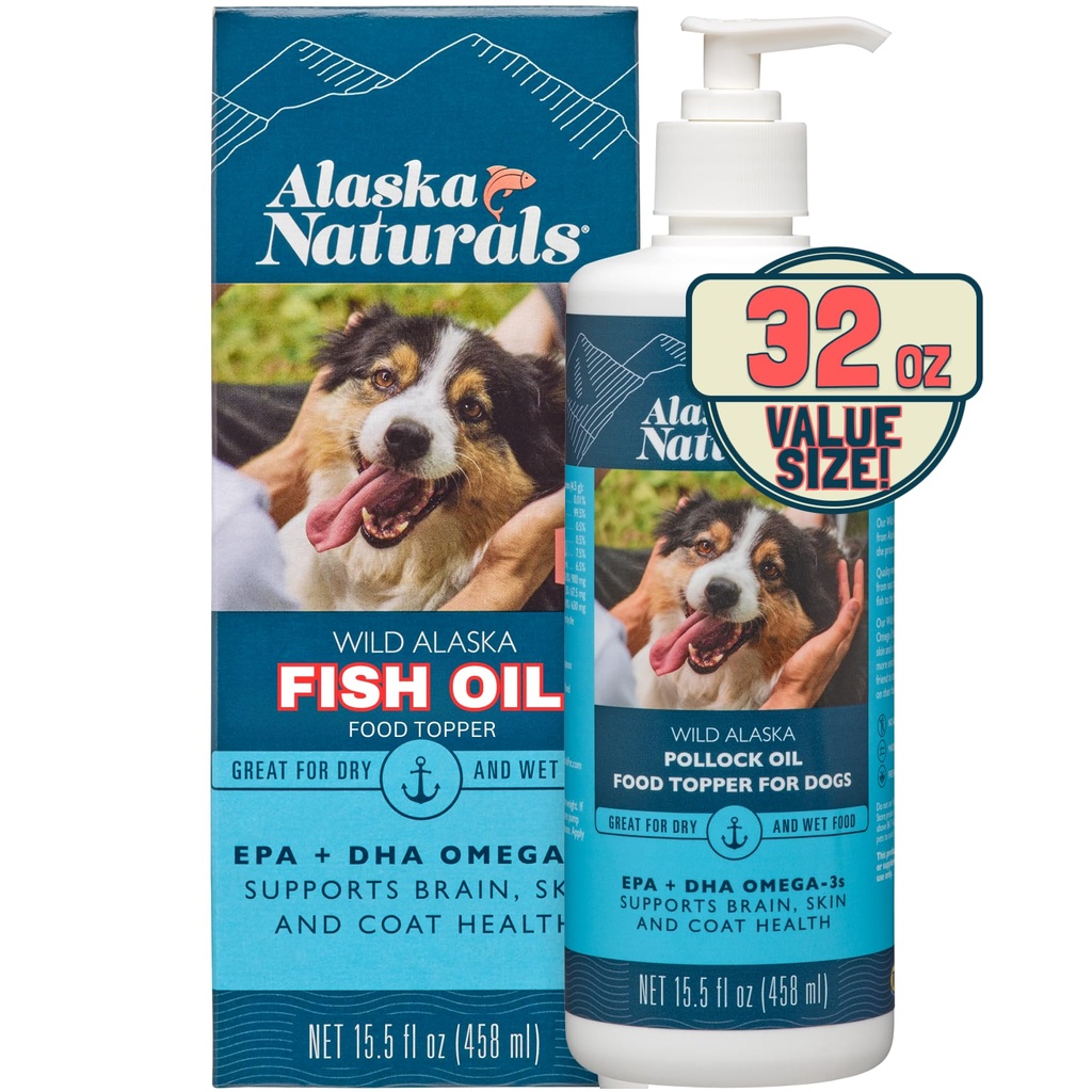 Alaska Naturals Wild Alaskan Fish Oil Supplement for Dogs Skin and Coat with EPA DHA Omega 3 Fatty Acids Sustainable Liquid Food Topper 32 oz. Bomba