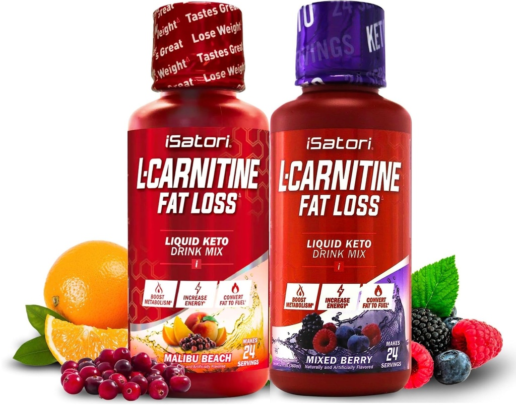 iSatori L-Carnitine 1500, L-Carnitina líquida con acetil L-Carnitina, sabor mixto de Berry (24 serviendo) & Malibu Beach Flavor (24 serviendo)