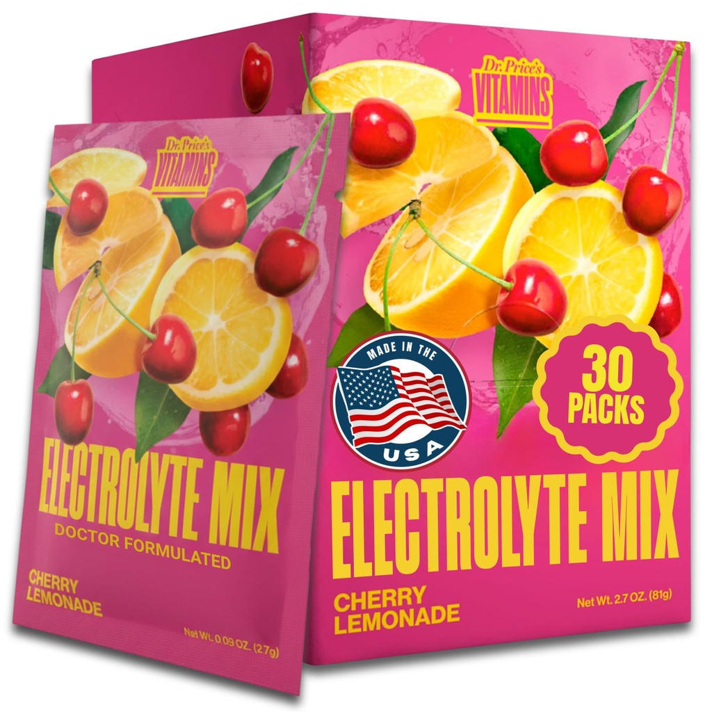 Dr. Price's Electrolyte Mix ← Polvo de hidratación libre de azúcar con 72+ Minerales de rastro Silencio sin azúcar, Electrolitos de resolución rápida Powder Packets ← Cherry Lemonade (30 Packs)