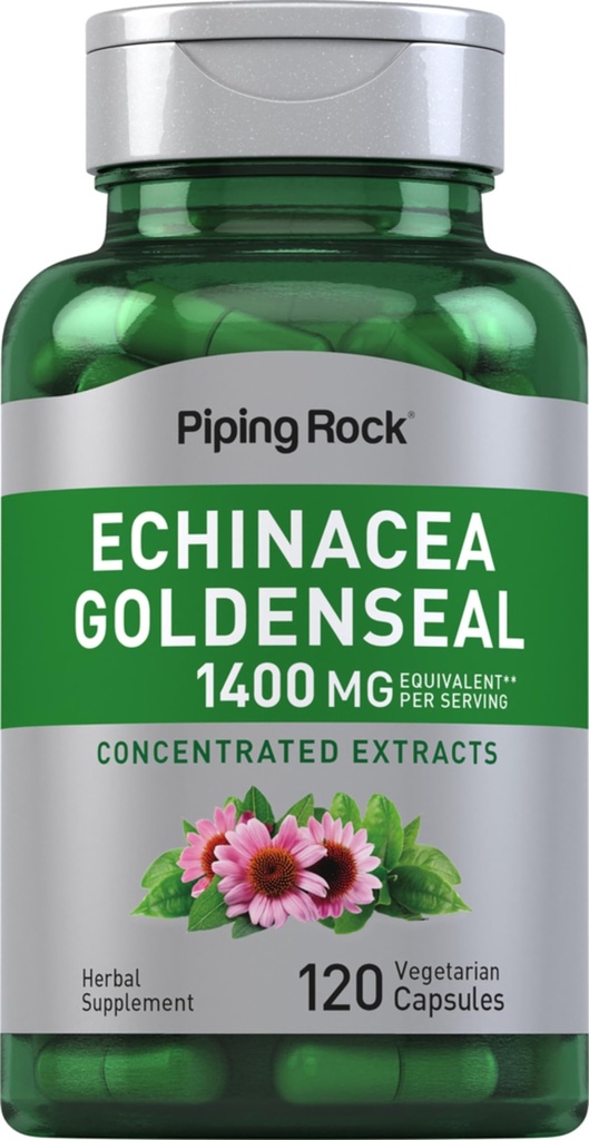 Piping Rock Echinacea Goldenseal Capsules  1400mg ← 120 Vegetarian Capsules ← Non-GMO, Gluten Free Supplement