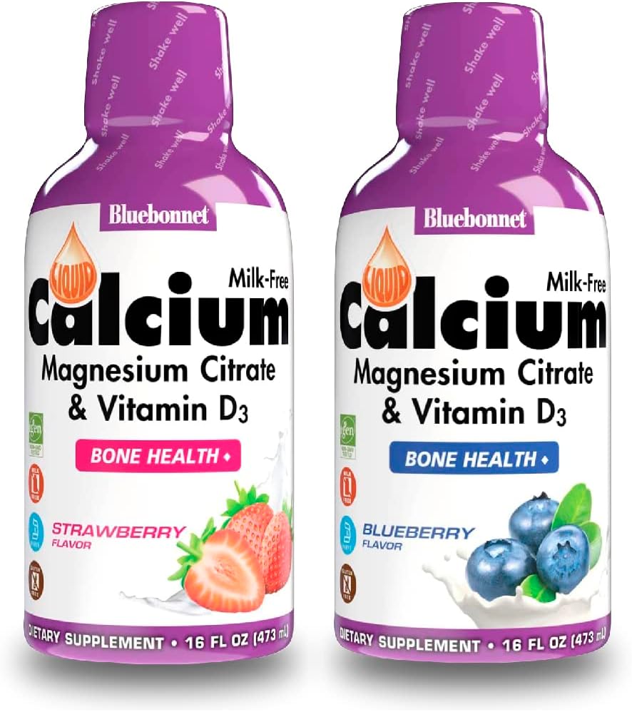 Bluebonnet Nutrition Liquid Calcium Citrate Magnesium Citrate, Vitamin D3- Bundle of Blueberry Flavor y Strawberry Flavor, 2 Botella de 16 Fl Oz Cada (32 Fl Oz Total)