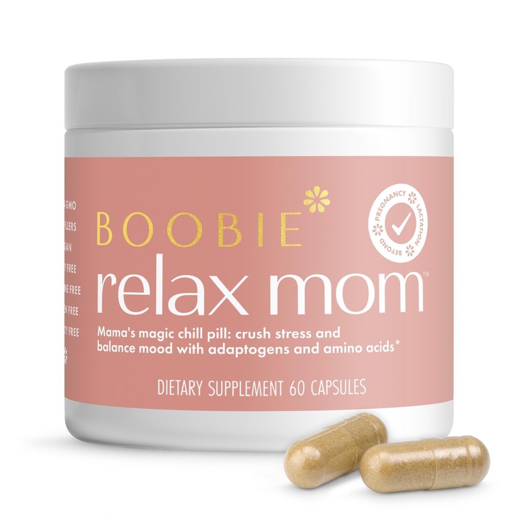 Boobie Relax Mom, Postpartum Stress Support Supplement ¦ Lactation Aprobado Silencio Mood y Energy Support with Ashwagandha & L-Theanine, 60 Capsules