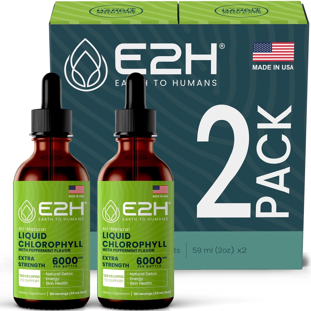 E2H Chlorophyll Liquid Drops - Natural Energy Booster, Immune System Support and Internal Deodorant - Peppermint Flavor - (2 Botellas)
