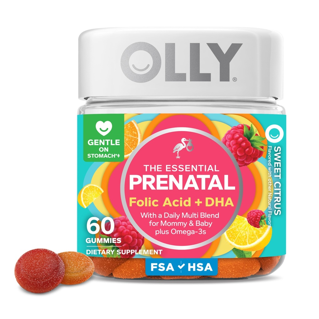 OLLY Prenatal Multivitamin Gummy, apoya el crecimiento saludable y el desarrollo del cerebro, ácido fólico, vitamina D, Omega 3 DHA, suplemento chewable, sabor a cereza, 30 días de suministro - 60 cuenta
