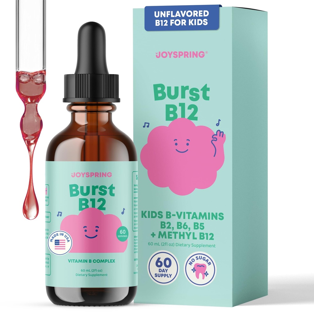 JoySpring Burst B12 Drops - Complejo de vitamina B para niños (2 fl oz) B2, B6, B5 + Methylcobalamin B12 Niños Suplemento para apoyar el crecimiento saludable y el desarrollo, Vegan B12, Edades 2-16+ 60 Servimientos