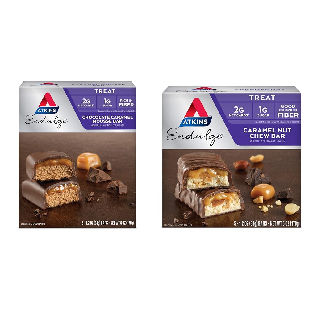 Atkins Endulge Chocolate Caramel Mousse Bar 5 Cuenta y Caramel Nut Chew Bar 5 Cuenta Bundle