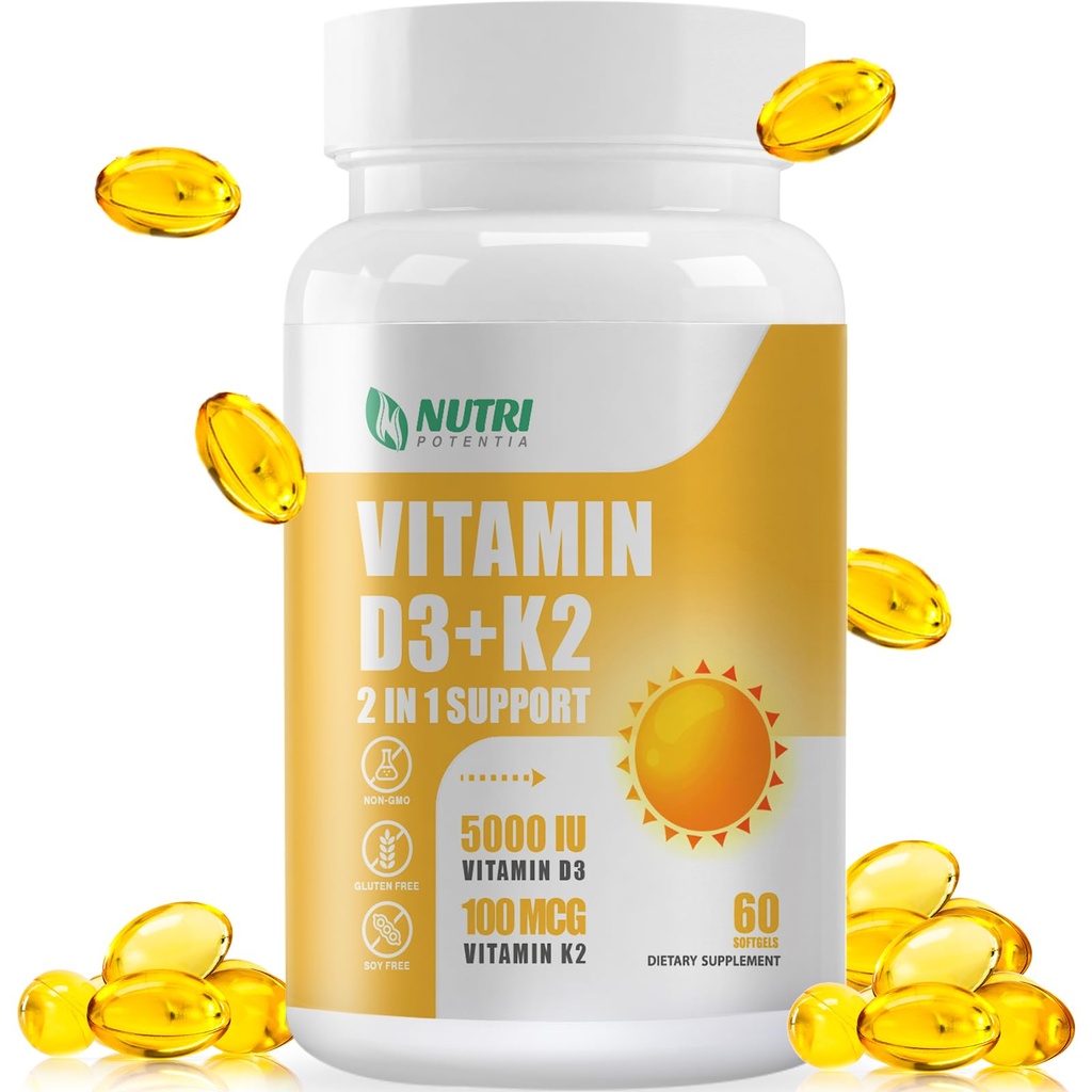 Vitamina D3 K2 con MCT Oil, Vitamina D3 5000 UI y K2 100mcg, Fórmula 2 en 1 para Bone and Heart Health, Gluten Free - 60 Cuenta Softgels
