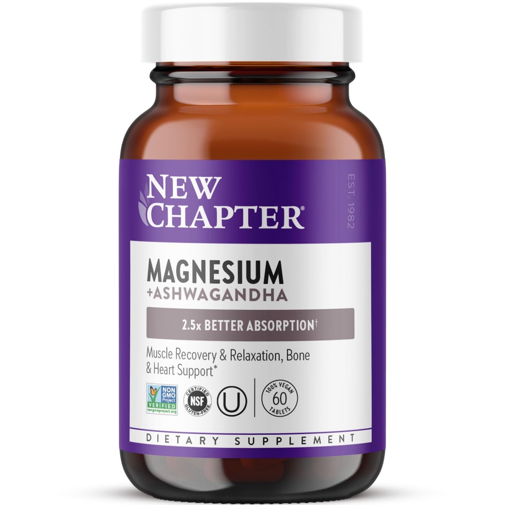 Nuevo capítulo Magnesio + Suplemento Ashwagandha, 325 mg con Magnesium Glycinate para la relajación muscular " recuperación, corazón, Nerve " Bone Health, 2.5X Absorción, non-GMO - 60 ct (2 Month Supply)