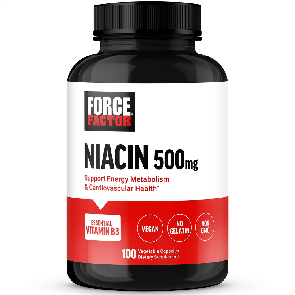 FORCE FACTOR Niacin Vitamina B3 para apoyar la energía celular y la salud cardiovascular, Niacin 500mg Suplemento de salud cardíaca, Vegan, No gelatina, No GMO, 100 cápsulas vegetales