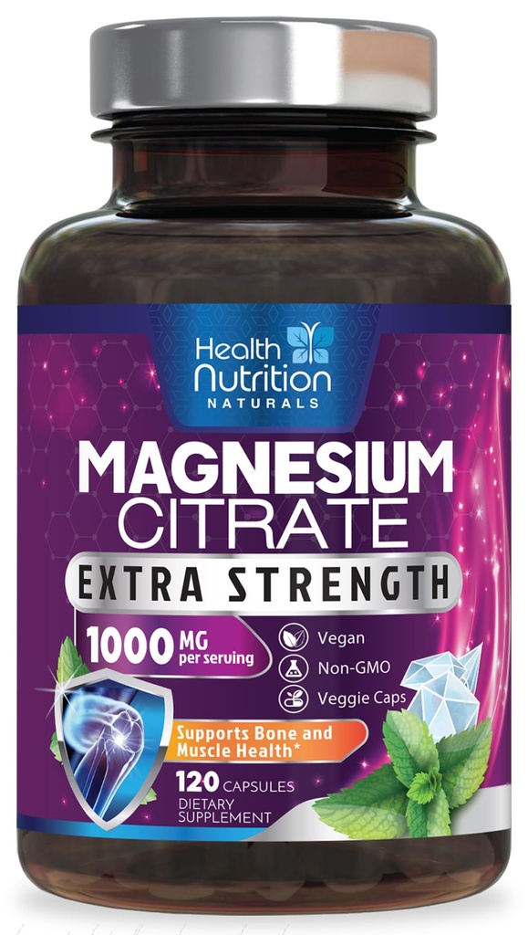 Citrate de magnesio Capsules 1000mg - Max Absorption Magnesium Powder for Muscle, Nerve, Bone and Heart Health Support, High Absorption Citrate Complex, Gluten Free, Non-GMO - 120 cápsulas