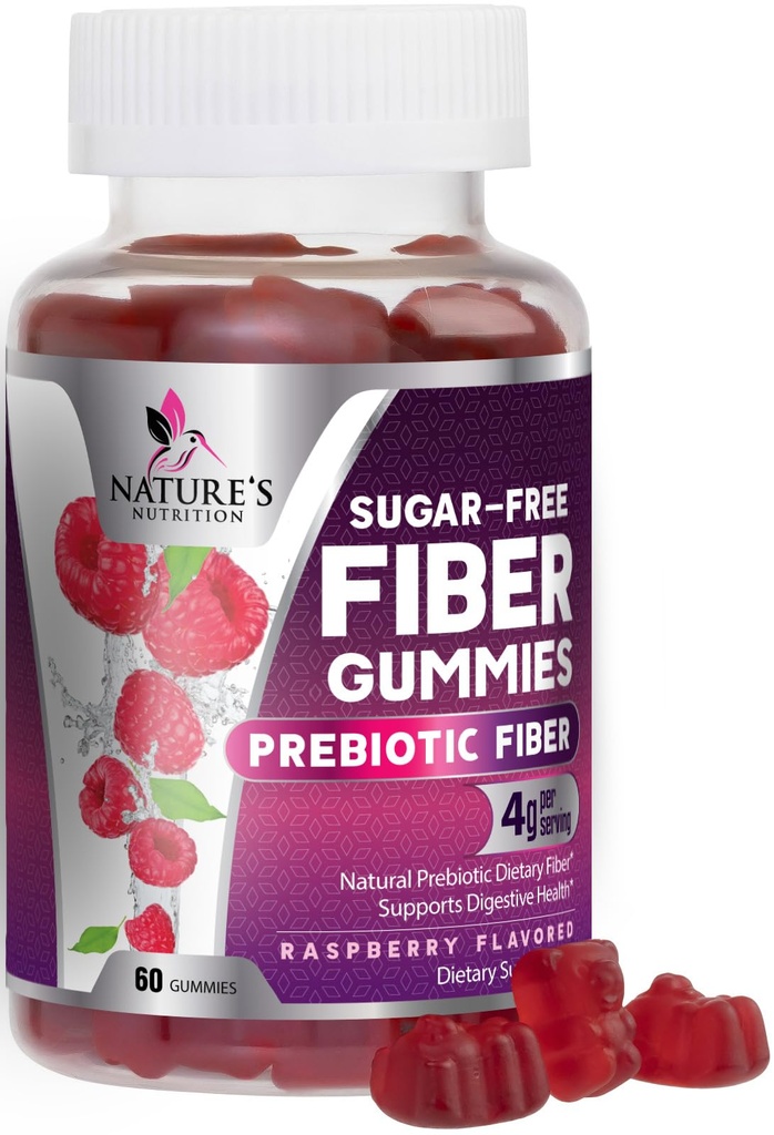 Prebióticos Gummies de fibra 4g - Suplemento de fibra de azúcar para la salud digestiva de adultos Apoyo - sabor natural de frambuesa, mezclado con plantas, sin GMO &amp; Gluten Gratis - 60 Gummies