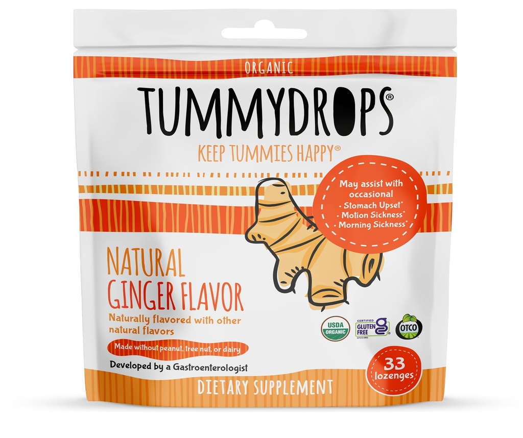 USDA Organic Natural Ginger Tummydrops, Gluten Free &amp; Vegan, 33 Individualmente Wrapped Drops in a Resealable Bag