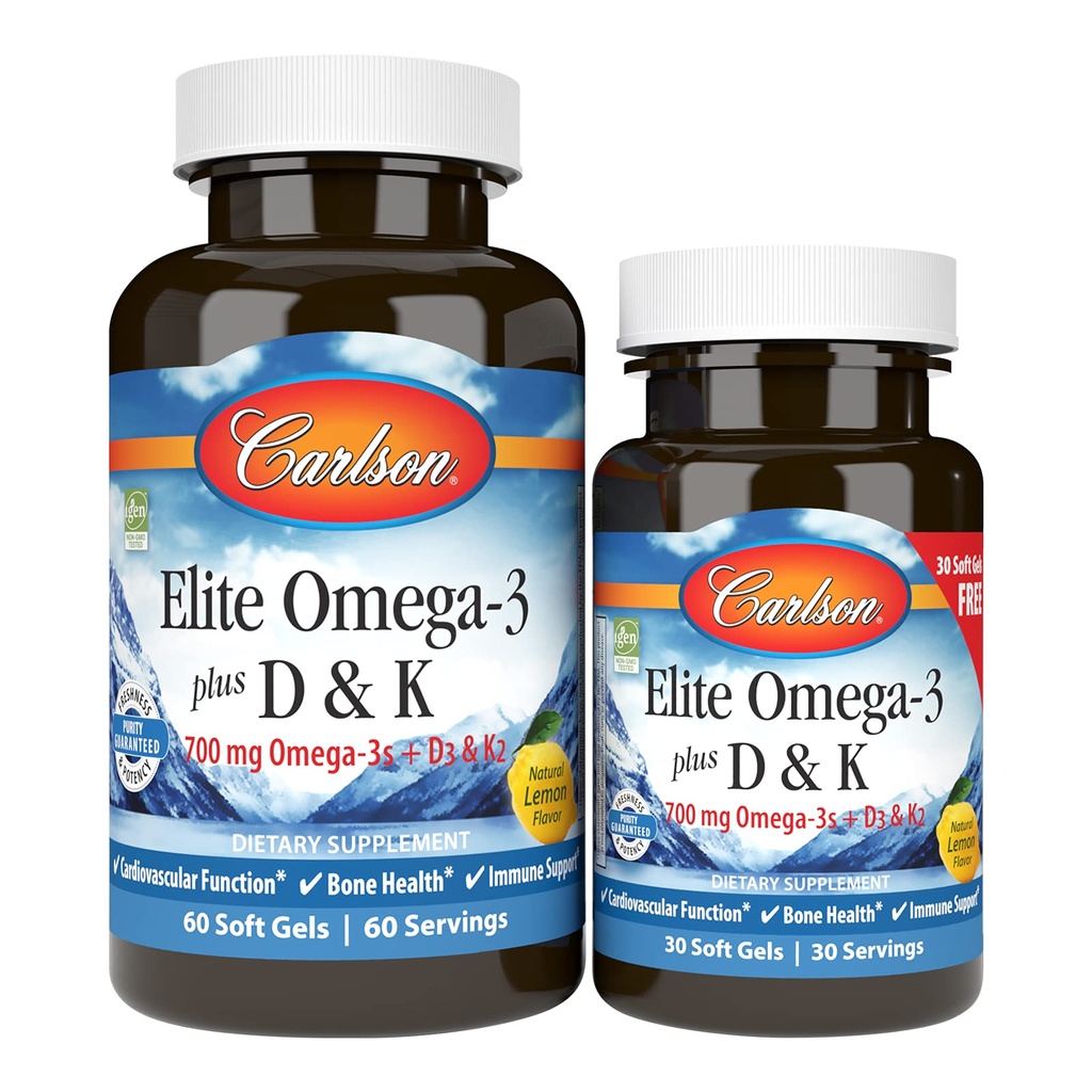 Carlson - Elite Omega-3 Plus D &amp; K, 700 mg Omega-3 + D3 &amp; K2, Función, Bone Health &amp; Immune Support, Lemon, 60+30 Softgel