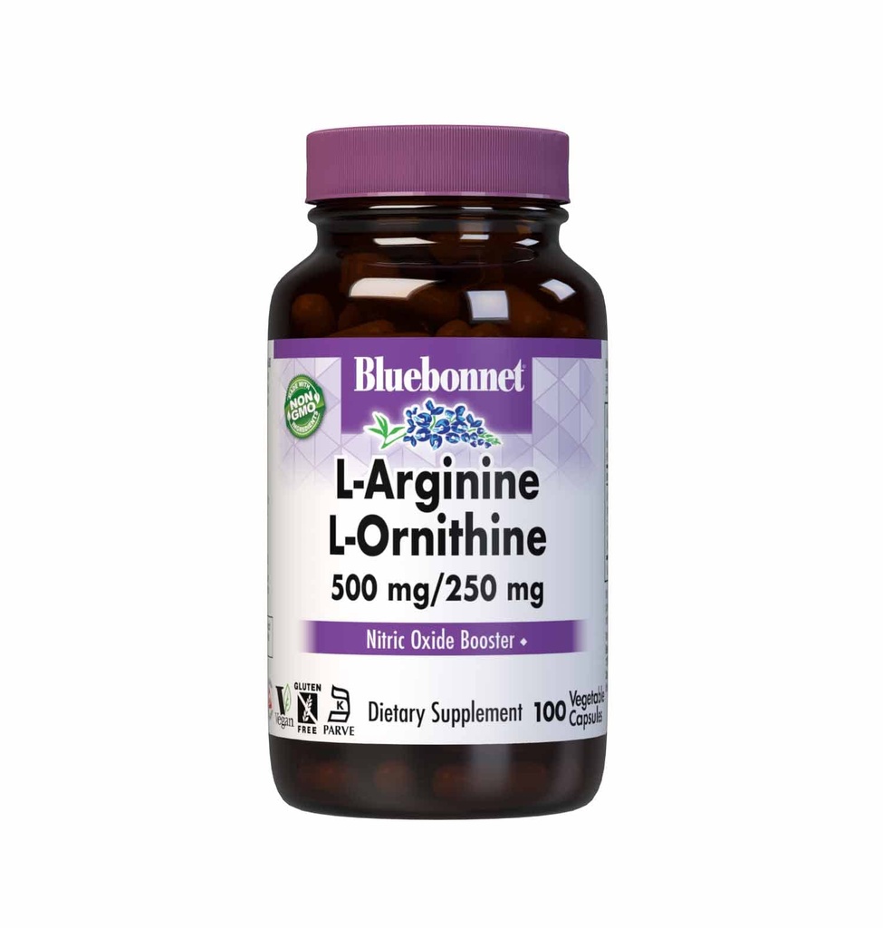 Bluebonnet Nutrition L-Arginine 500mg/L-Orinithine 250mg, Supports Protein Metabolism*, Soy-Free, Gluten-Free, Non-GMO, Kosher Certified, Vegan, 100 cápsulas vegetales