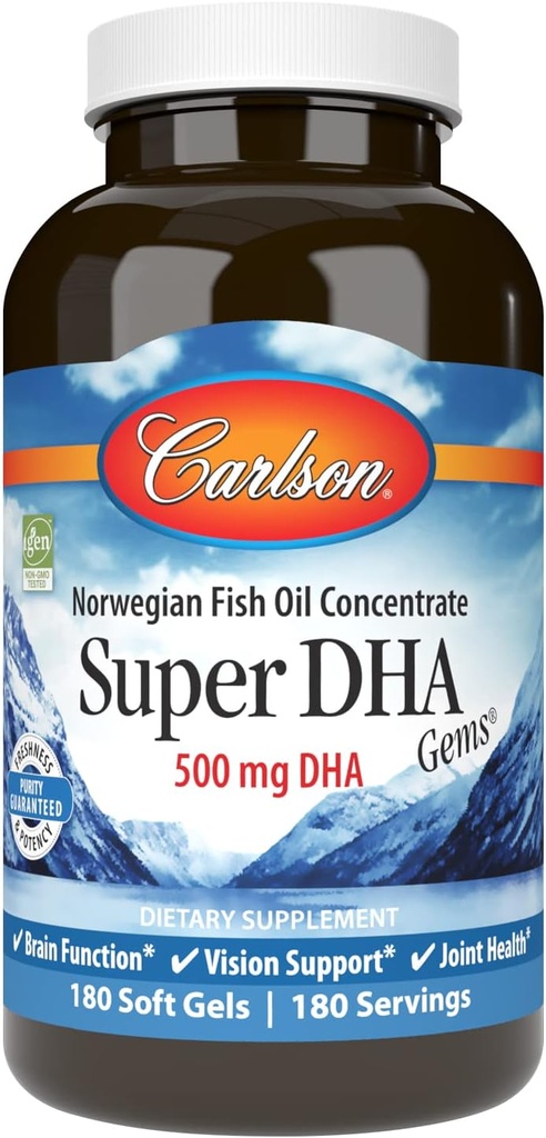 Carlson - Super DHA Gems, 500 mg DHA Suplementos, 640 mg Ácidos grasos, Ártico noruego salvaje Omega 3 Suplemento de aceite de pescado, cápsulas de aceite de pescado de origen sostenible, 180 Softgels